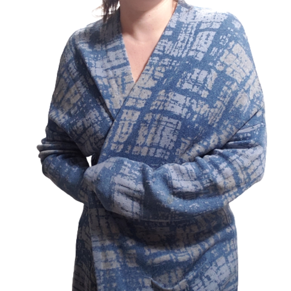 Pure Jill J Jill XL Indigo Blue Cotton Two-Tone Abstract One Button Cardigan - Picture 4 of 10